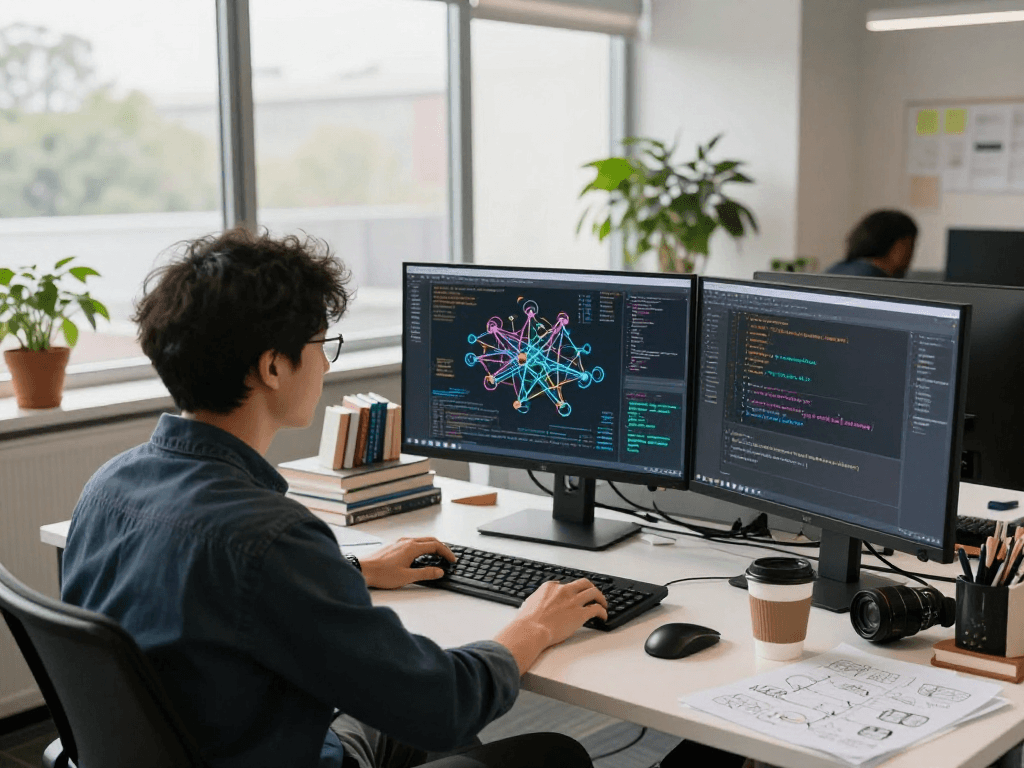 AI developer immersed in crafting spicy ai solutions in a bright tech workspace