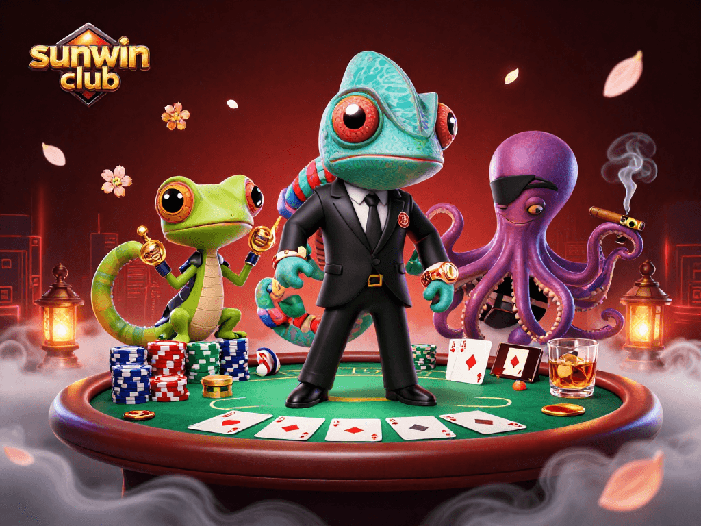 Experience the thrill at sunwin club: Engage with dynamic chameleon and octopus characters in a poker scene.