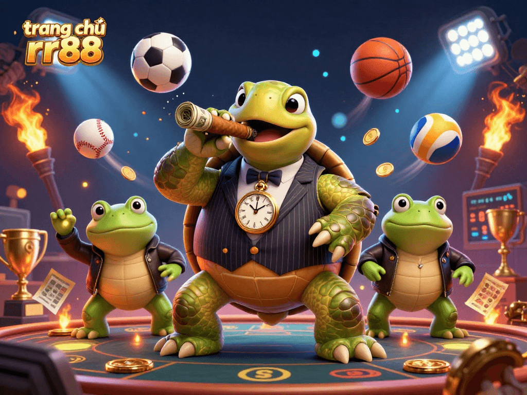 Enter the exciting world of trang chủ rr88 with a 3D turtle mobster and bullfrog enforcers amidst sports betting action.