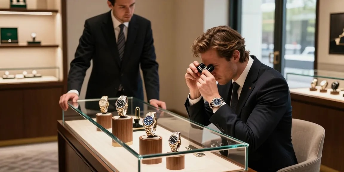 Exquisite display of Rolex super clone watches in a luxurious showroom setting, showcasing details and craftsmanship.