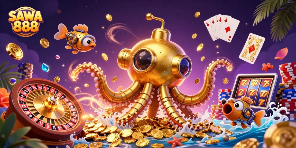 Experience thrilling wins with SAWA 888 - a vibrant casino scene filled with dynamic slot action and eager players.