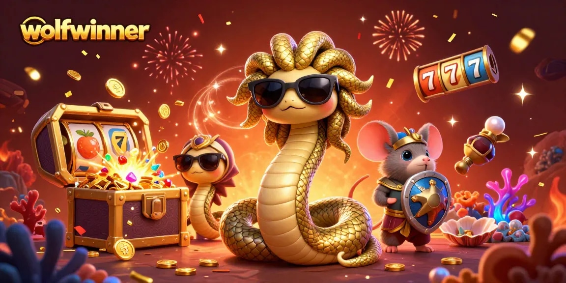 Join the excitement at wolfwinner with a Medusa snake-lady and stone mouse warrior amidst a treasure explosion.