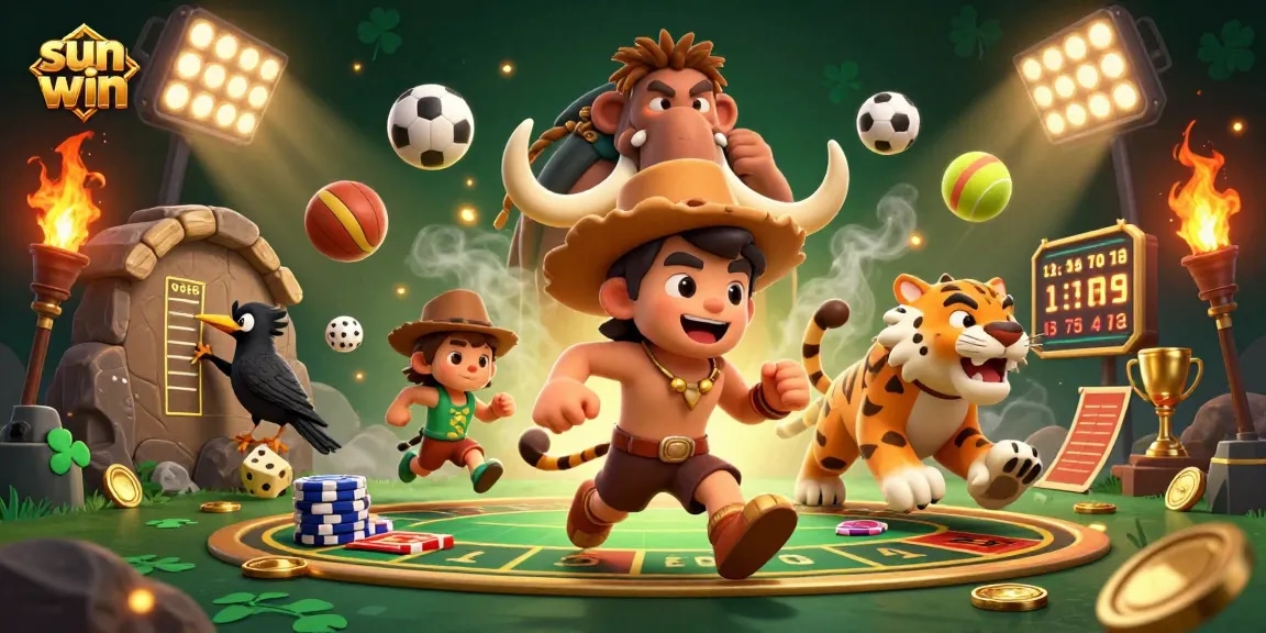 Bet on sun win with vibrant caveman and sabertooth duo in a prehistoric casino atmosphere.