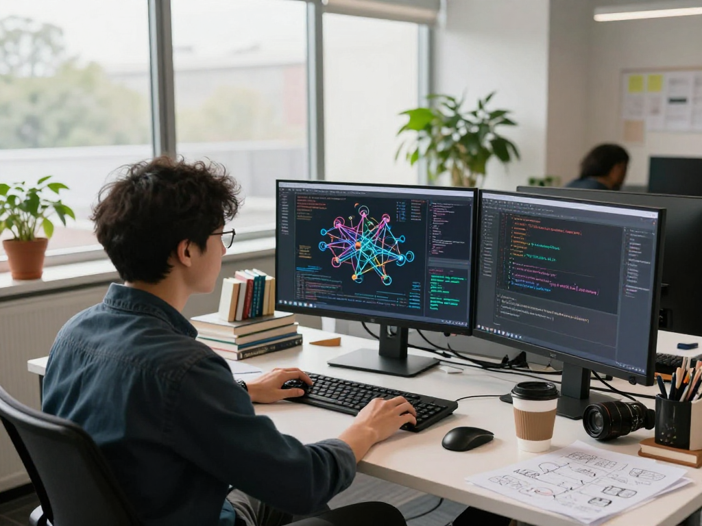 AI developer immersed in crafting spicy ai solutions in a bright tech workspace