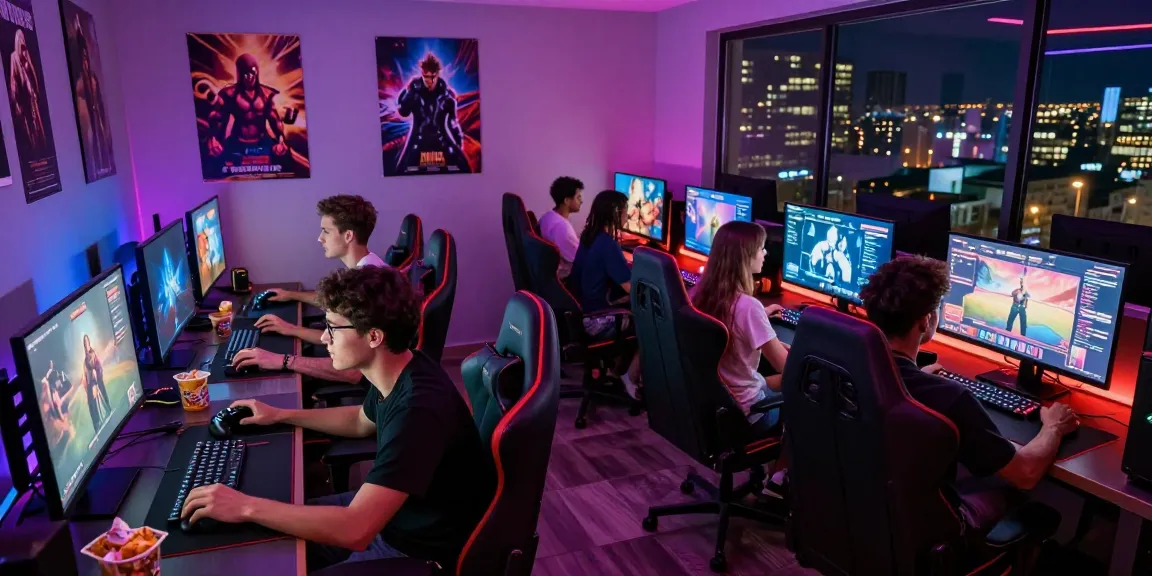 Group of friends enjoying real porn games in a vibrant gaming lounge with energized atmosphere