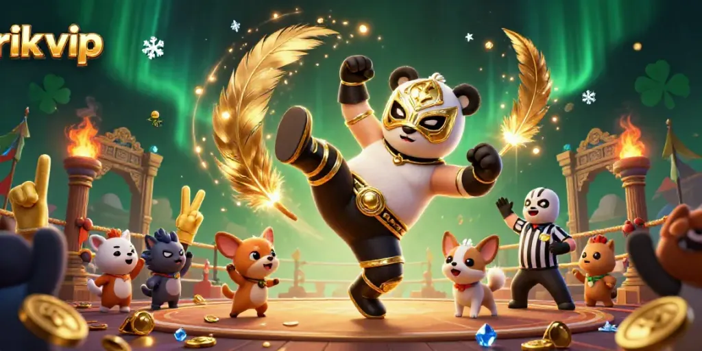 Witness the thrilling action at rik vip as a panda wrestler performs a kick amidst soaring golden coins and celebrating spectators.