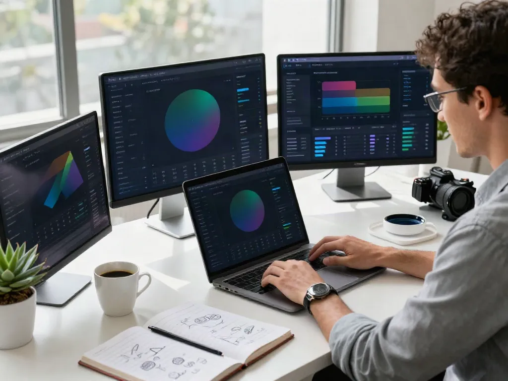 Professional workspace showing instant indexing tools on screens and analytics dashboards.