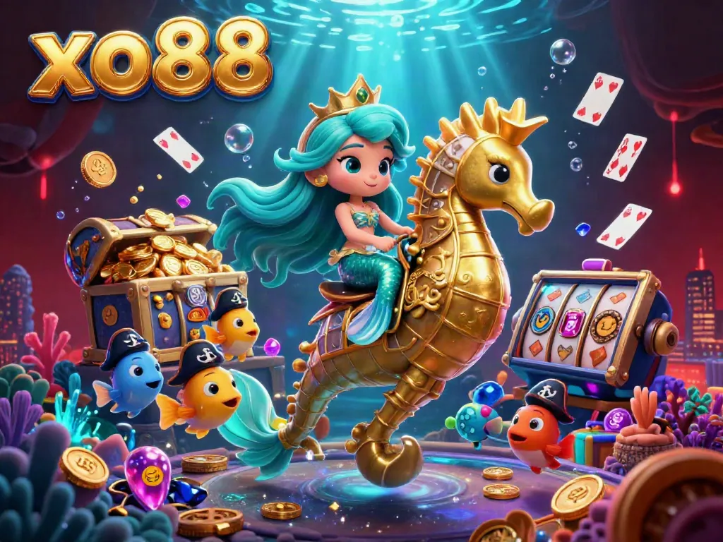 Experience thrilling gaming action at xo88 with a vibrant underwater casino scene featuring a mermaid, seahorse, and playful fish.