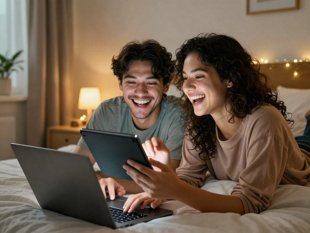 Couple enjoying an ai porn chat experience together, laughing and sharing screens in a cozy bedroom.
