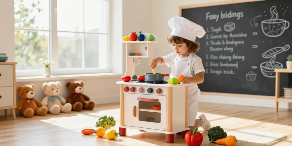 Vibrant kids kitchen set with child cooking and colourful play food.