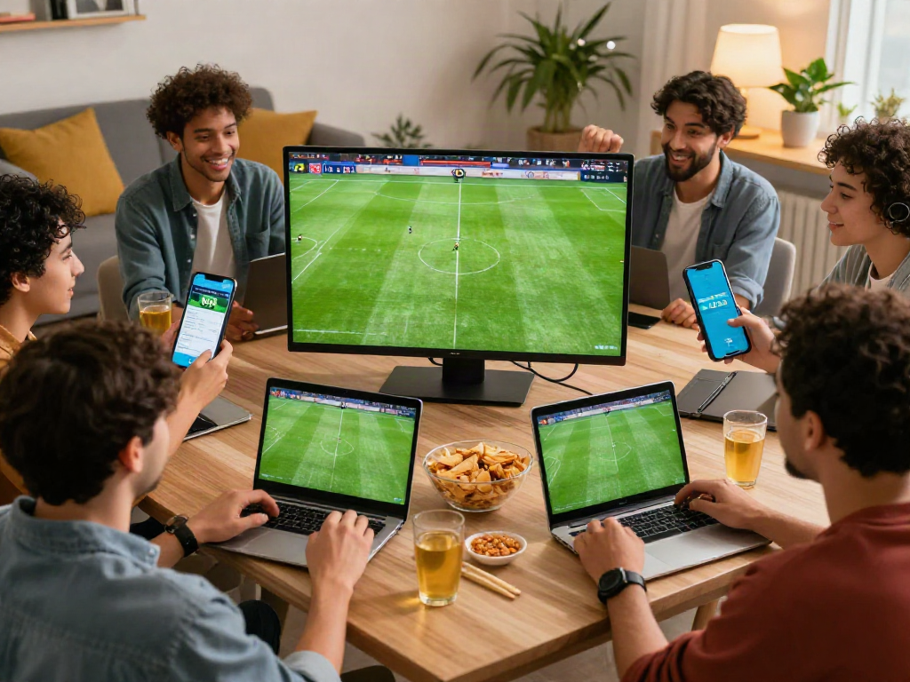 Exciting Uk88 betting scene with friends watching a football match and using the app.