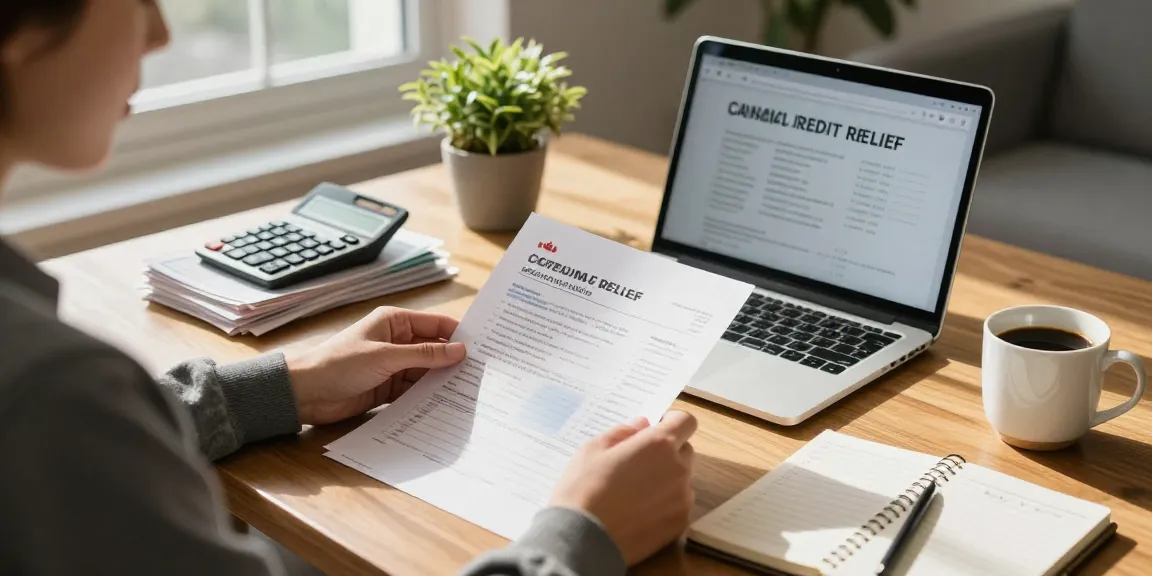 Exploring credit relief Canada options at home, reviewing financial documents in a warm setting.
