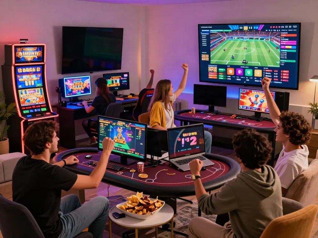 Friends enjoying slot games and poker in a lively TX88 gaming atmosphere.