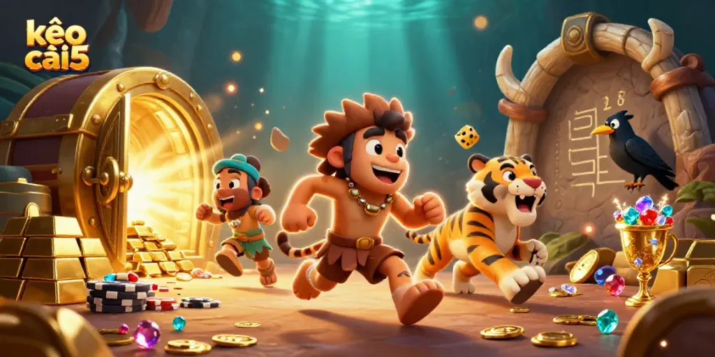 Play at kèo nhà cái 5 with a vibrant casino scene featuring a caveman and saber-tooth tiger duo.