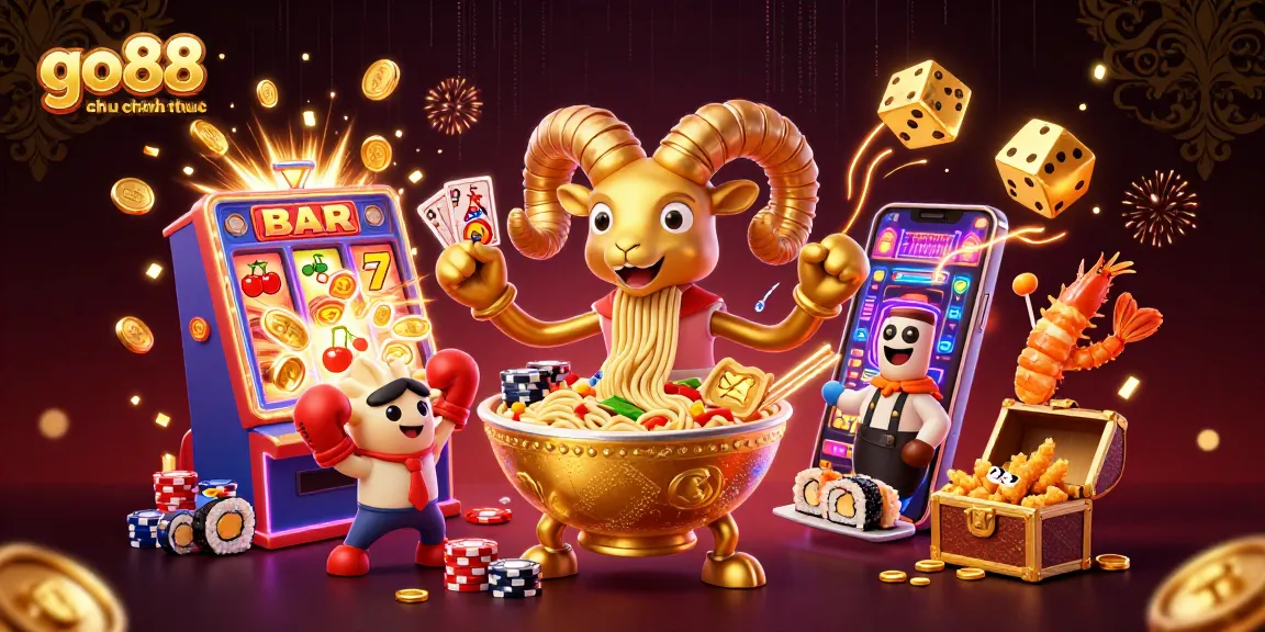 Experience go88 trang chu chinh thuc excitement with golden ramen bowl characters, vibrant casino elements, and jackpot moments.