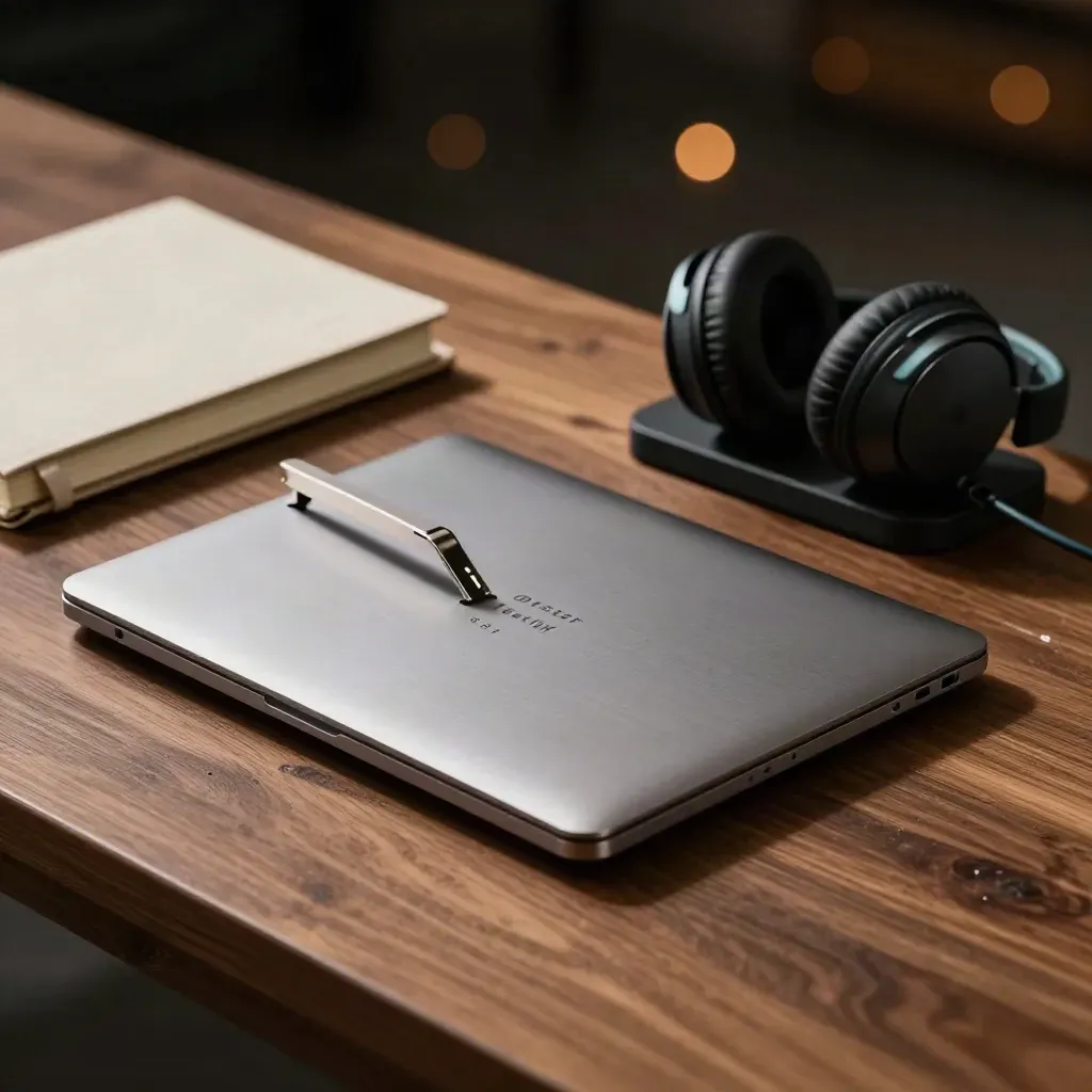 Aluminium laptop dock, closed notebook and headset cradle on walnut with dramatic studio light.