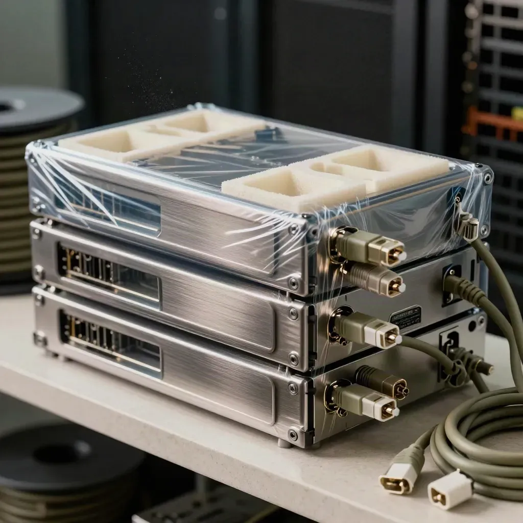 Shrink-wrapped server drive trays, foam inserts and coiled patch cords on a pale stone shelf