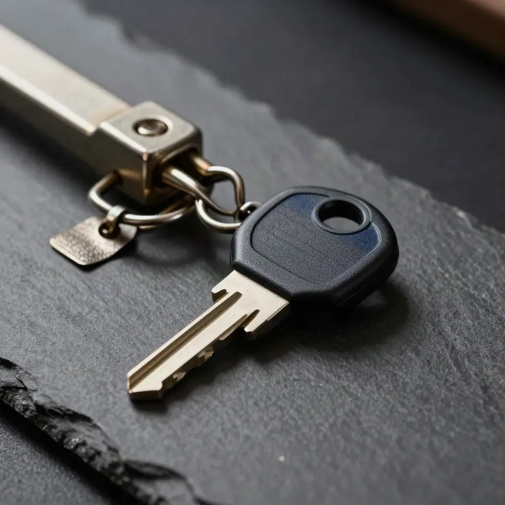 Hardware security key, cabinet latch, and tamper seal on matte slate under raking light.
