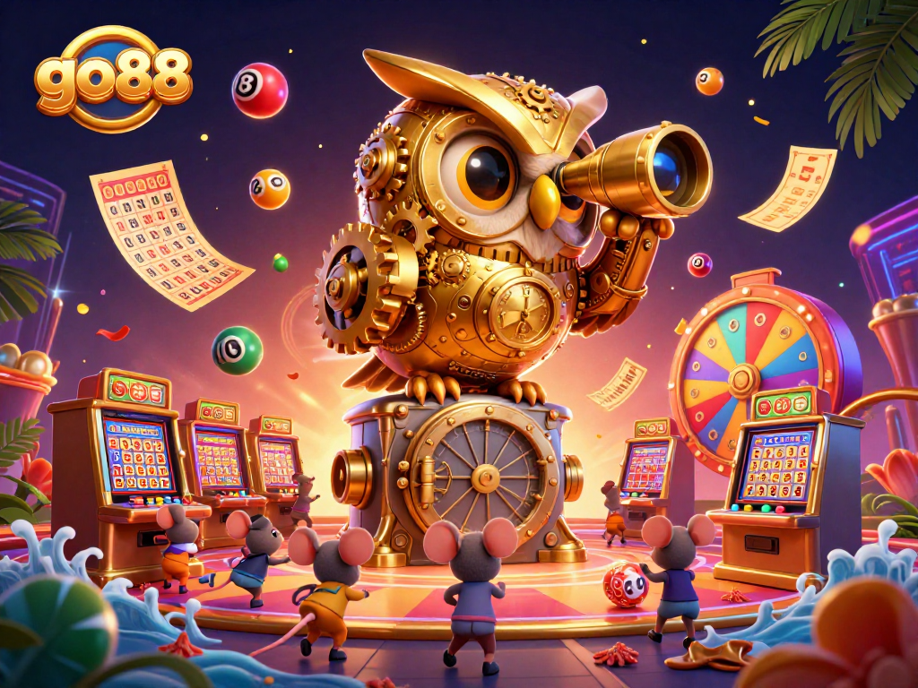Experience excitement at go88 with colorful lottery balls and a golden owl observing the casino floor.