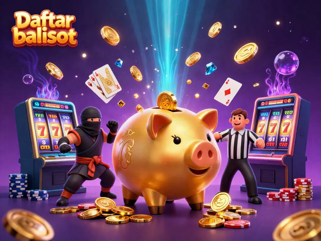 Experience a thrilling scene with Daftar balisot as a golden piggy bank wrestler encounters a ninja at a lively casino.