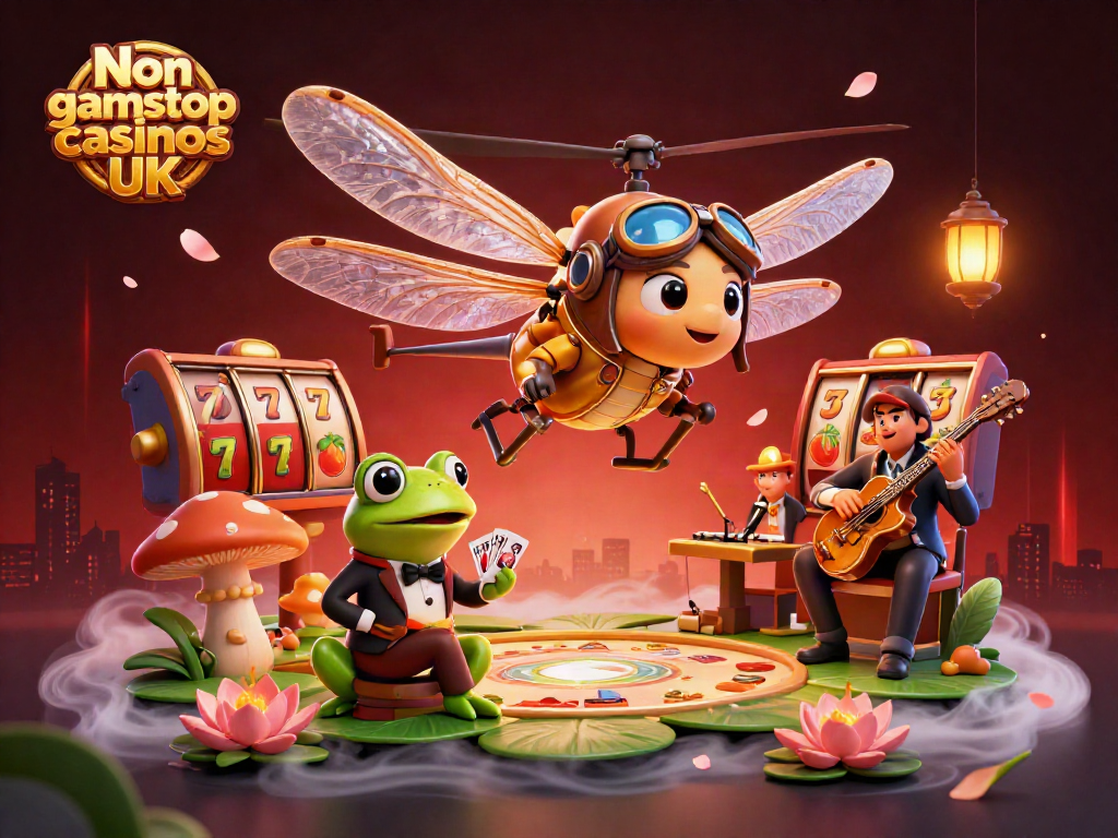 Engage with Non gamstop casinos UK through vibrant, dynamic 3D casino scene with diverse characters and elements.