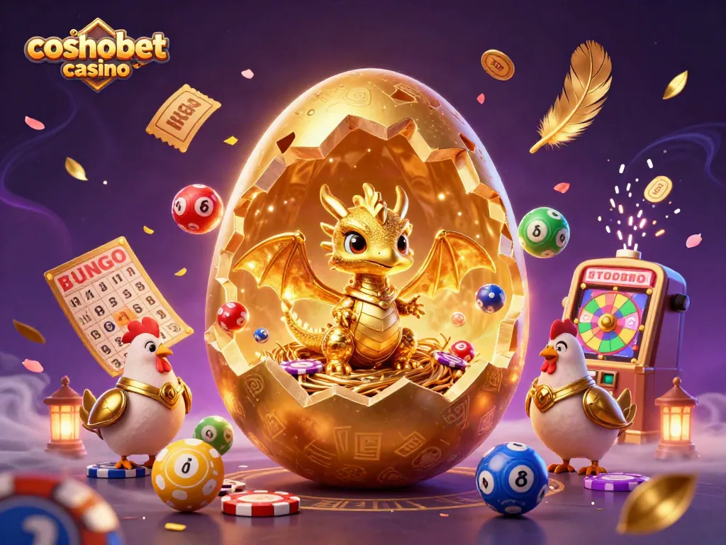 Experience thrilling action at cosmobet casino with a golden baby dragon and poker chips.