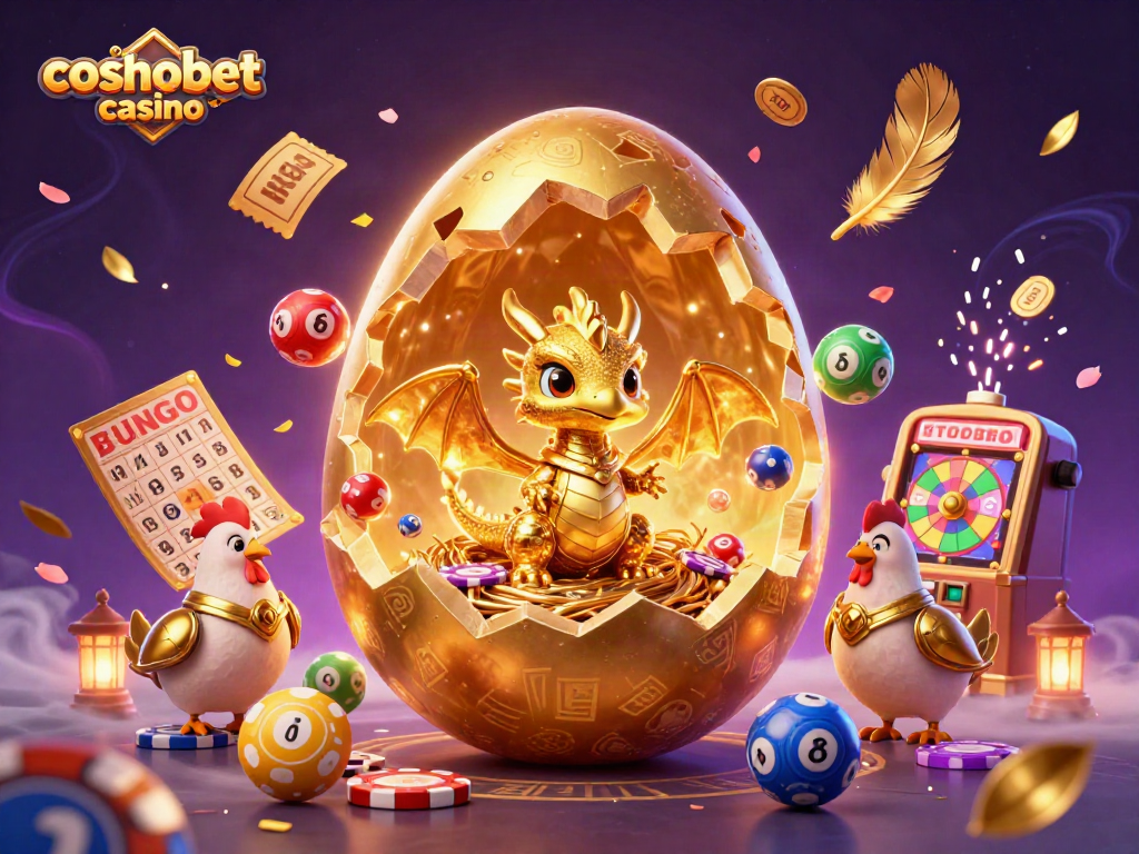 Experience thrilling action at cosmobet casino with a golden baby dragon and poker chips.