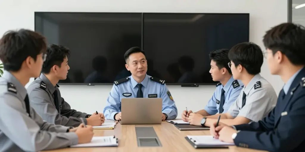 Corporate security team strategizing in a trusted local business setting, ensuring community safety.