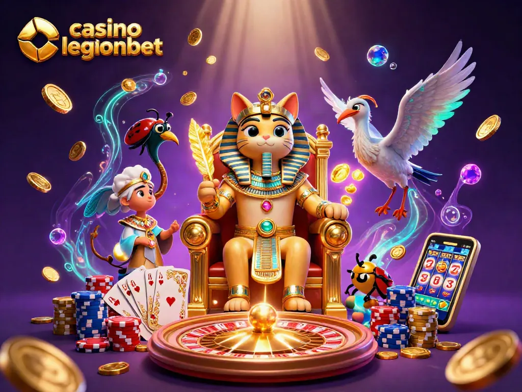 Experience the thrills of casino legionbet with a vibrant 3D scene of winning elements and characters.