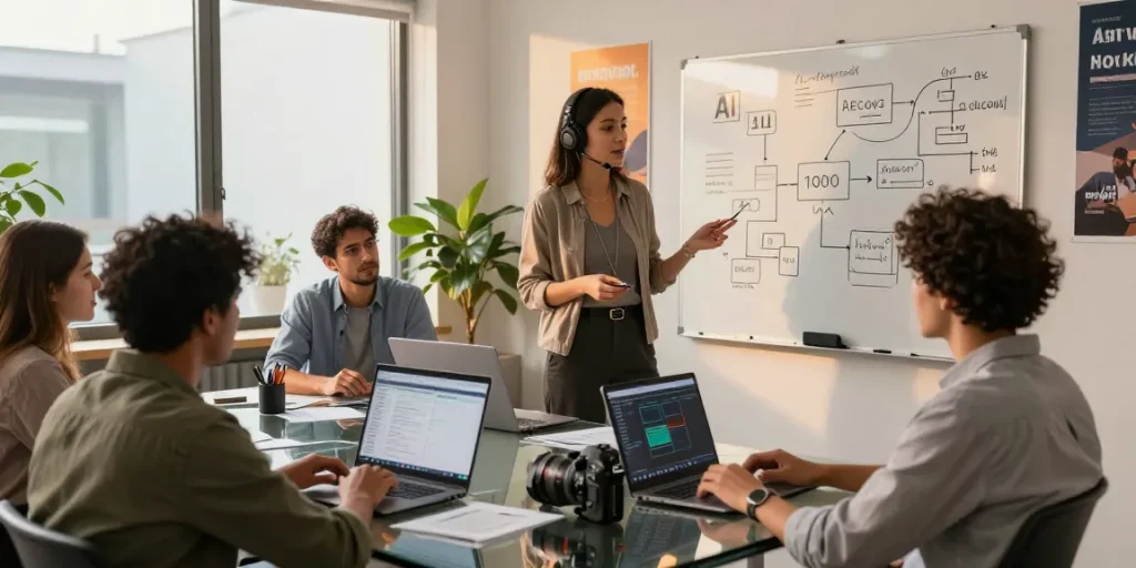 AI assistant collaboration in a modern office setting, showcasing teamwork and innovation.