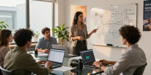 AI assistant collaboration in a modern office setting, showcasing teamwork and innovation.