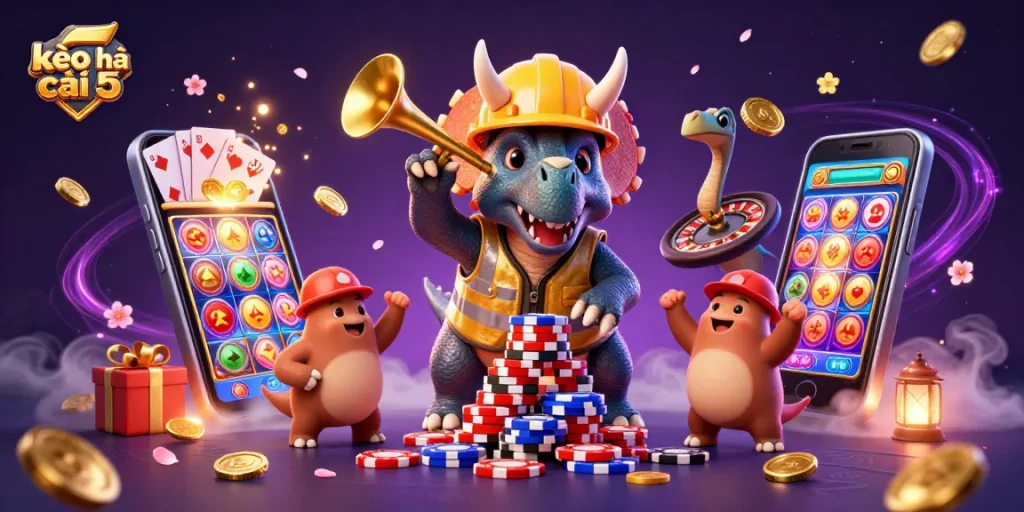 Experience thrilling gaming with kèo nhà cái 5 as a vibrant 3D casino scene unfolds, featuring dynamic characters and games.
