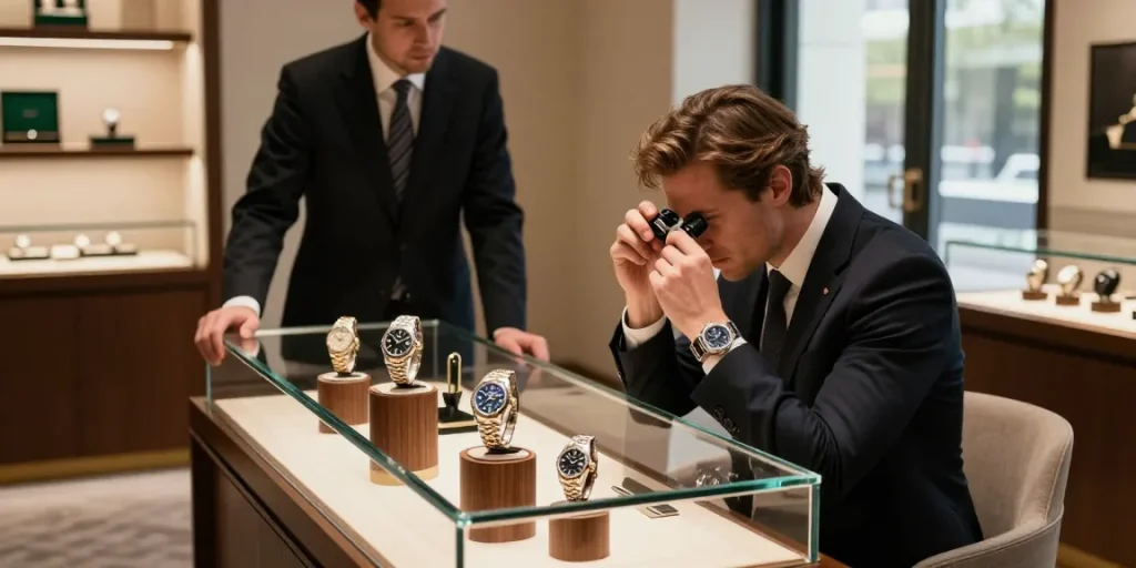 Exquisite display of Rolex super clone watches in a luxurious showroom setting, showcasing details and craftsmanship.