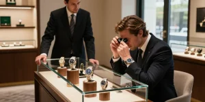 Exquisite display of Rolex super clone watches in a luxurious showroom setting, showcasing details and craftsmanship.