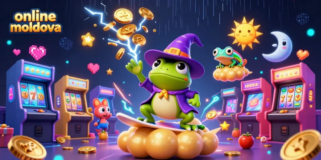 Creează o experiență captivantă de joc la online casino moldova, cu o broască vrajitor și un cameleon pe nori aurii.