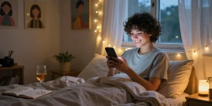 Engaging in AI sexting in a cozy bedroom, with warm lights and personal touches.