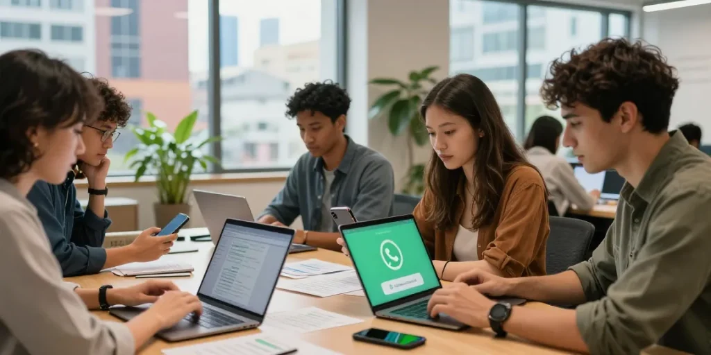 Group using devices to explore WhatsApp下載 in a modern co-working space.