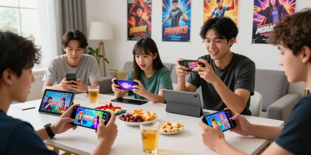 Players engaging with free mobile hentai games on smartphones and tablets in a vibrant living room.
