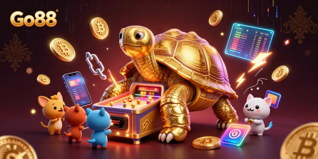 Experience thrilling gaming at Go88 with a vibrant 3D illustration of a golden tortoise casino, featuring exciting crypto elements.