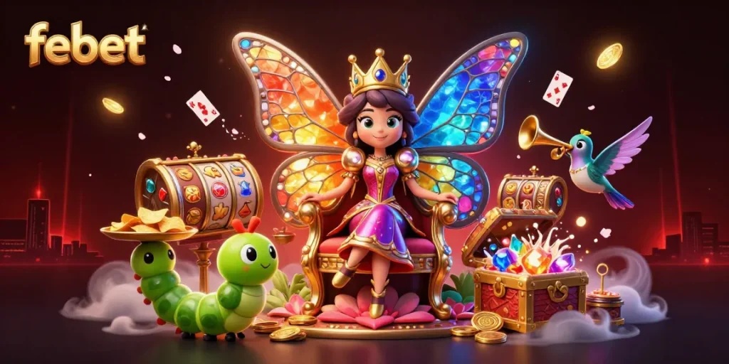 Spin the reels at febet's vibrant casino, featuring a queen with stained-glass wings amidst coins and cards.