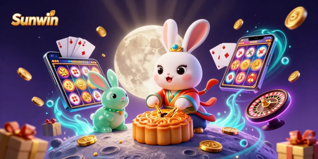 Sunwin enhances gameplay with a vibrant 3D illustration featuring a rabbit and golden moon entrance to casino magic.