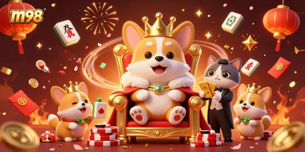 Experience the excitement of m98 gaming with a royal corgi on a poker chip throne in a vibrant casino scene.