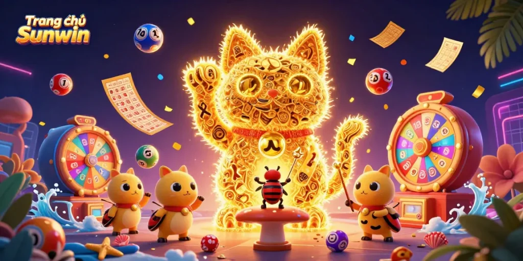 Experience gaming excitement at Trang chủ Sunwin with lively colorful lottery balls and a lucky cat.