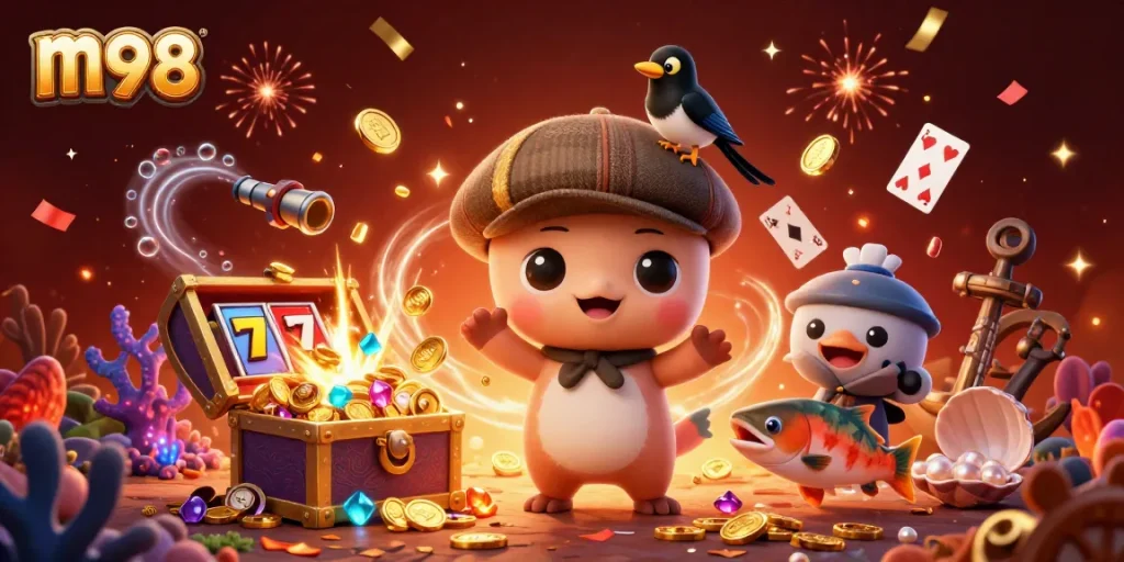 Play m98 slots with baby Nessie amidst sparkling coins and vibrant game elements.