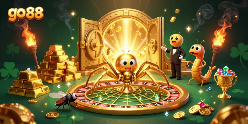 Experience thrilling bets with go 88 in this vibrant casino scene involving a spider and croupier.