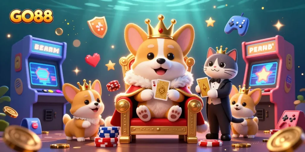 Engage in exhilarating gaming at GO88 featuring 3D corgis and vibrant casino elements.