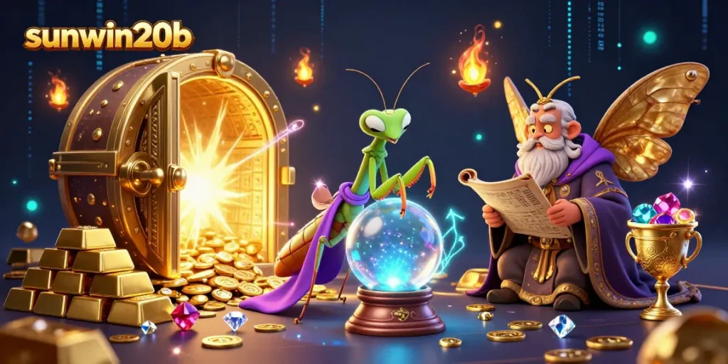 Immerse in the vibrant casino world with sunwin20b as a mantis fortune teller peers into a crystal ball.