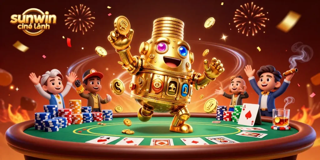 Win big with sunwin chính hãng: golden golem guarding colorful poker chips and cards.