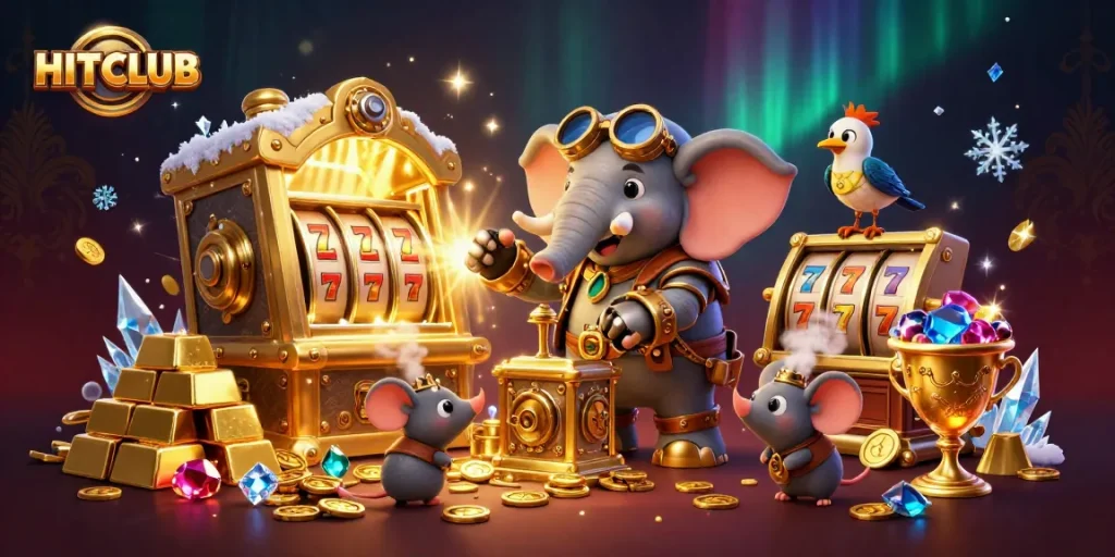 Engage with HITCLUB's exciting 3D scene featuring a steampunk elephant engineer operating a slot machine amidst a treasure trove.