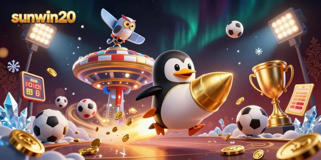 Experience gaming excitement with the sunwin20 penguin adventurer in a colorful, dynamic casino scene.